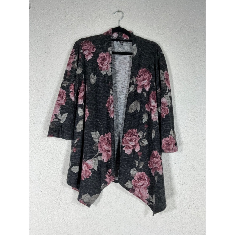 Naif Charcoal Pink Floral Cardigan - L - Open Front Rose Draped Boho Romantic